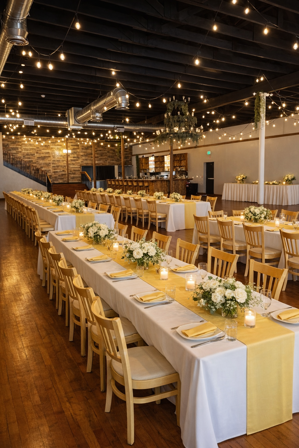 Long banquet tables with yellow runners and white floral centerpieces set up under string lights at an indoor Tulare venue.