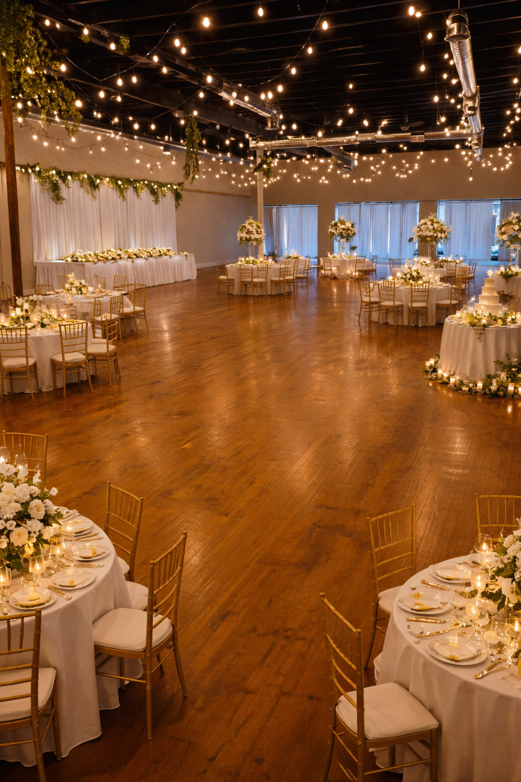 Spacious, climate-controlled ballroom setup for a private event, featuring round tables with gold chiavari chairs and white draped backdrops.