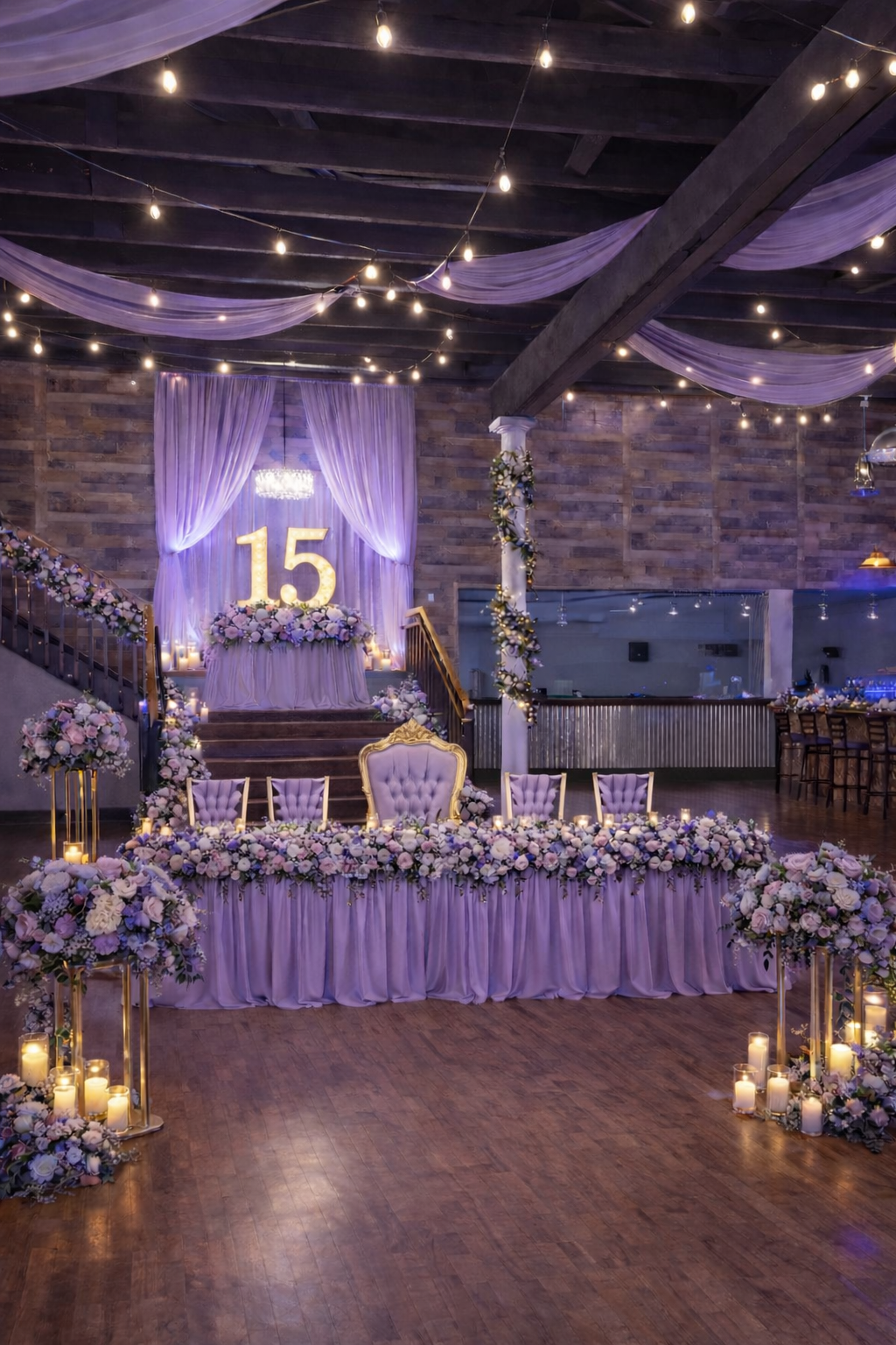 Elegant Quinceañera sweetheart table setup with purple draped linens, lush floral arrangements, and a glowing '15' marquee sign.