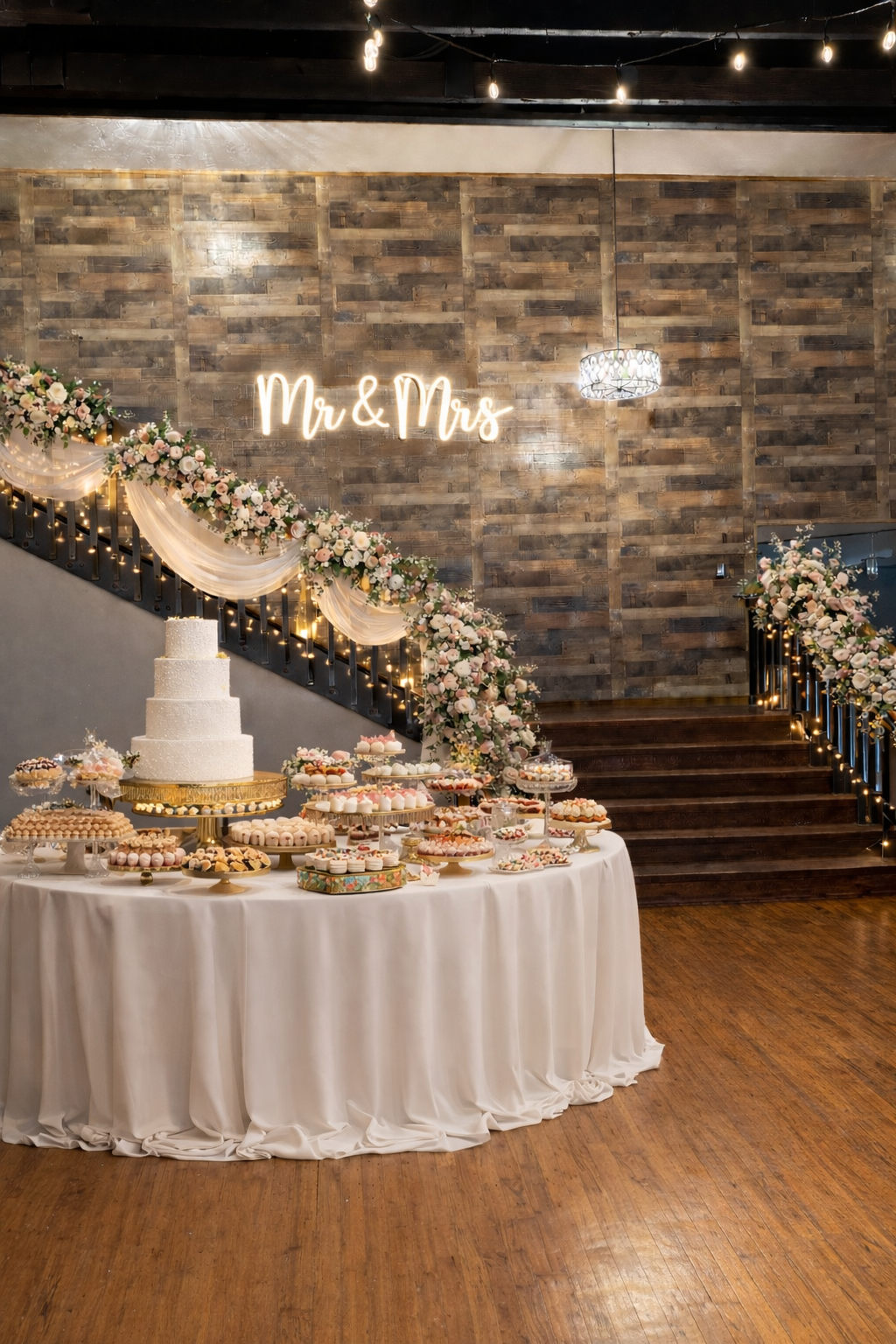 Wedding reception dessert table displaying a four-tier white cake and assorted pastries beneath a glowing Mr and Mrs neon sign