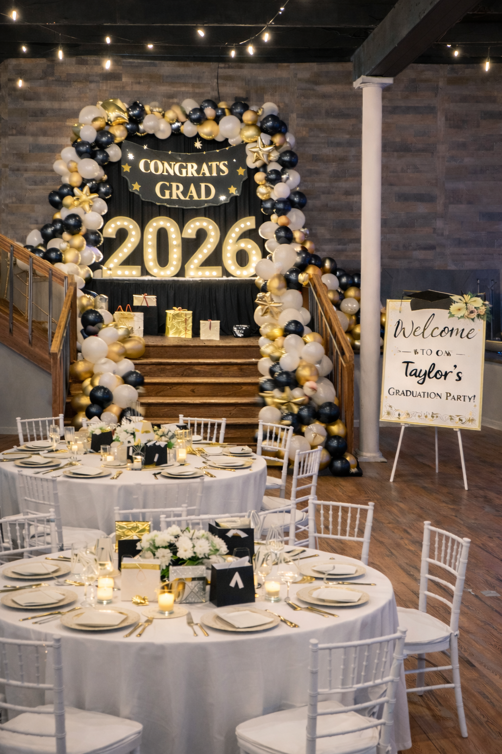 26 graduation party venue setup featuring a black, gold, and white balloon arch, light-up numbers, and decorated guest tables.